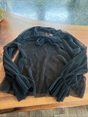 Sheer Pleated Bow-Tie Long Sleeve Top - Black